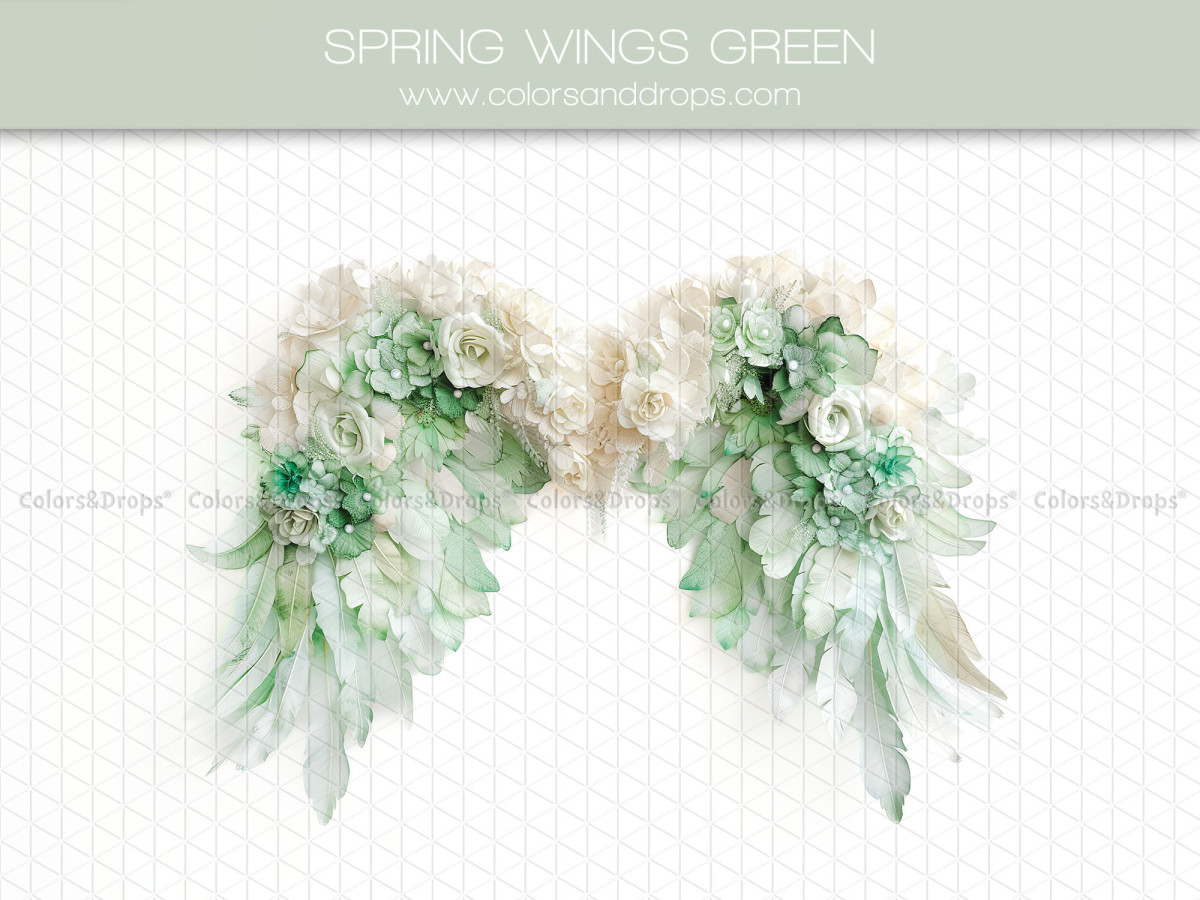 Maternity & portrait photo backdrop Spring Wings Green – green feather wings with white flowers | Colors&Drops