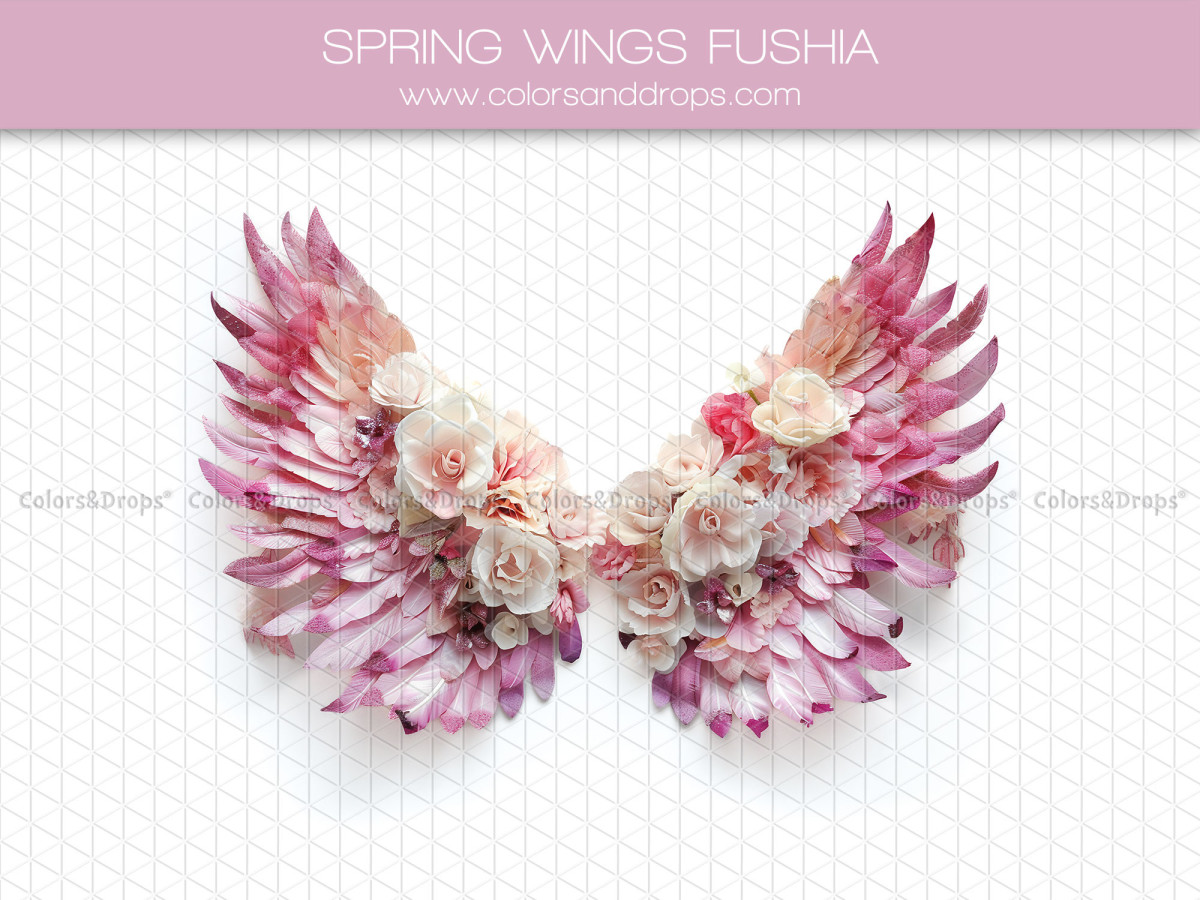 Maternity & portrait photo backdrop Spring Wings Fushia – fuchsia feather wings with flowers | Colors&Drops