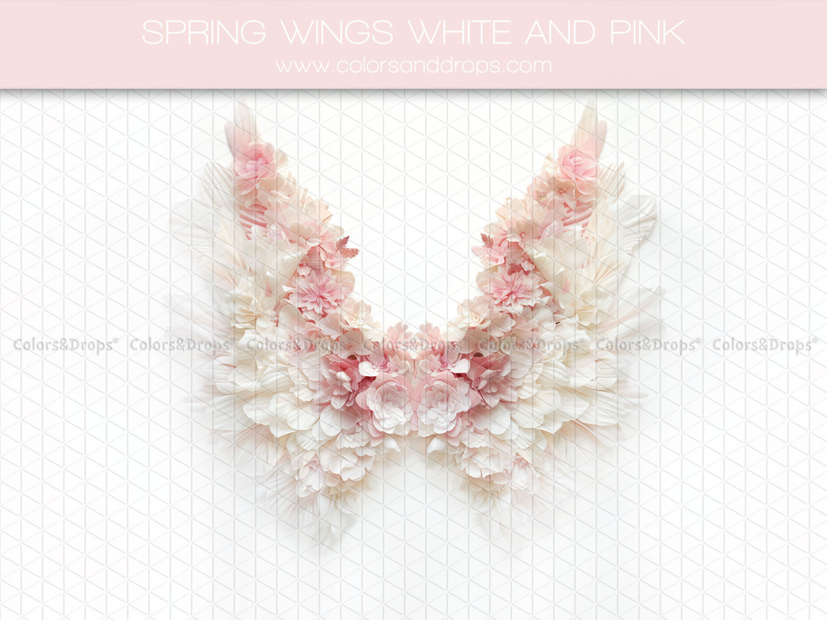 Fond photo grossesse et portrait Spring Wing Light and Pink – ailes de plumes blanches et fleurs roses | Colors&Drops