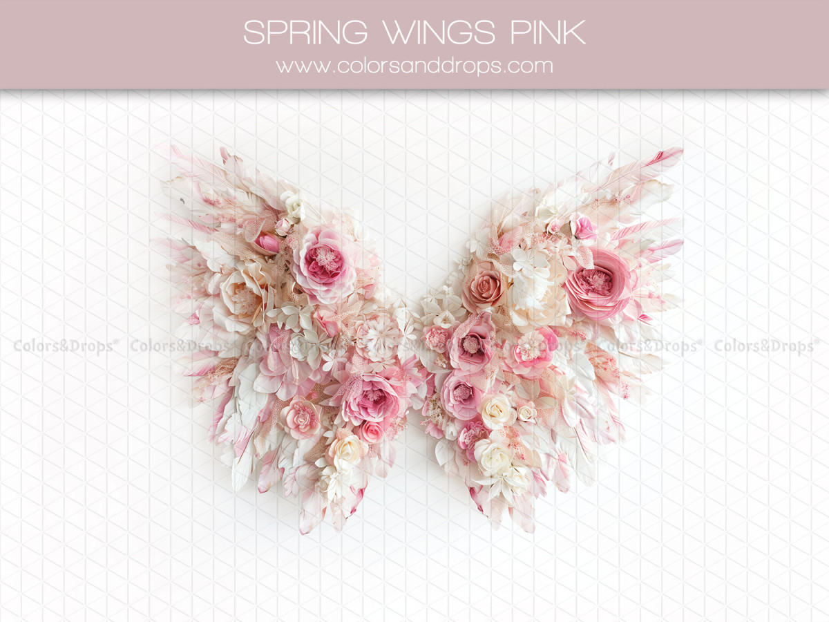 Fond photo grossesse et portrait Spring Wings Pink – ailes de plumes roses et fleurs | Colors&Drops