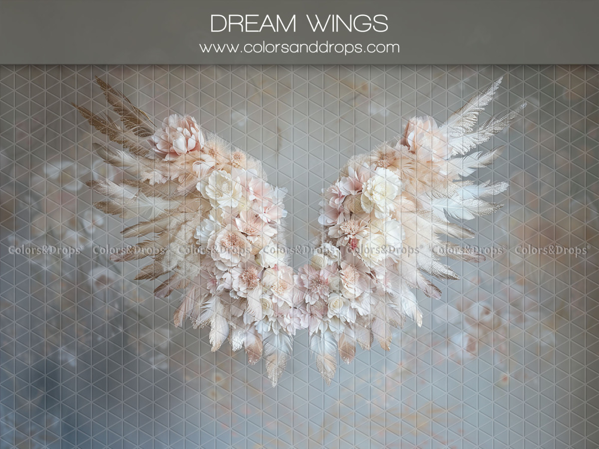 Maternity & portrait photo backdrop Dream Wings – feather and flower wings on blue-grey textured background | Colors&Drops
