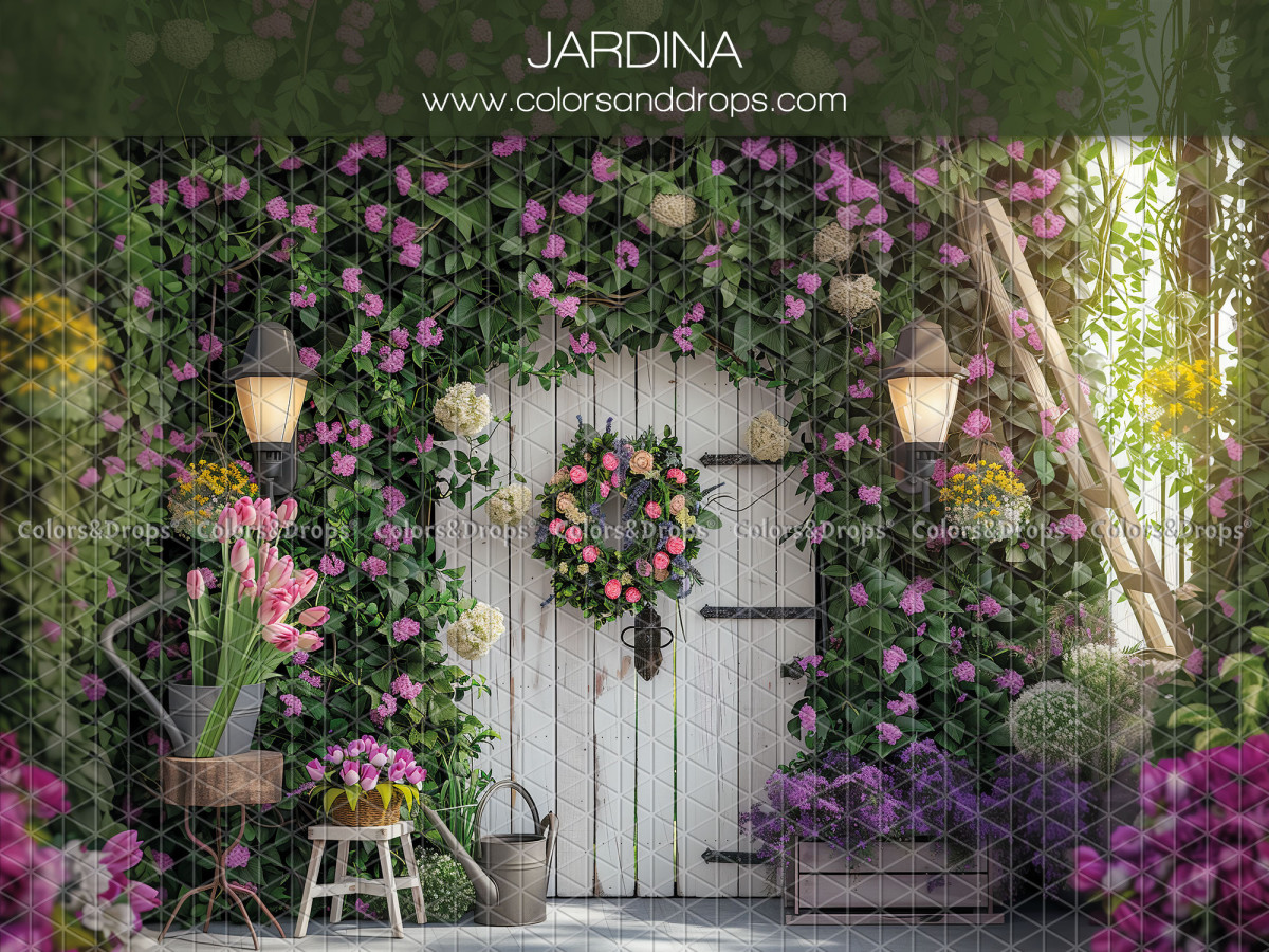 Baby & cake smash photo backdrop Jardina – white door under a purple flowered arch | Colors&Drops