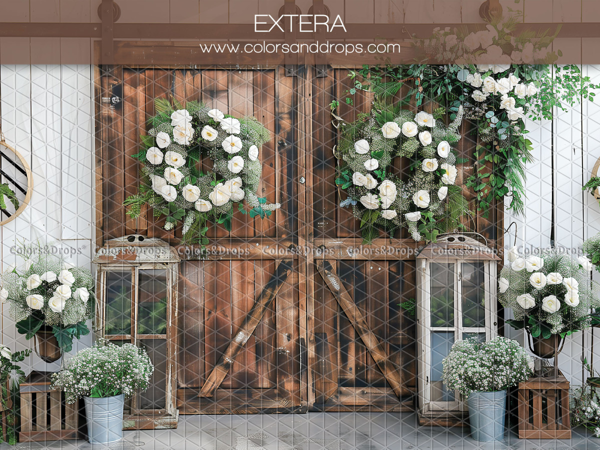 Baby & cake smash photo backdrop Extera – wooden barn doors with white wreaths | Colors&Drops
