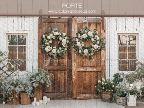 Baby & cake smash photo backdrop Porte – wooden doors on white wall with floral wreaths | Colors&Drops