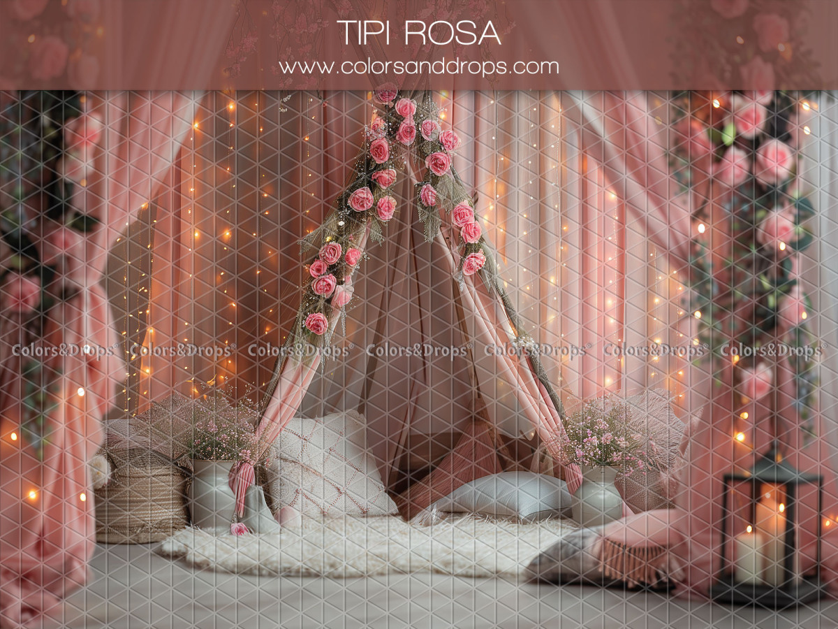 Fond photo bébé et smash cake Tipi Rosa – tipi rose fleuri avec coussins et lanternes | Colors&Drops