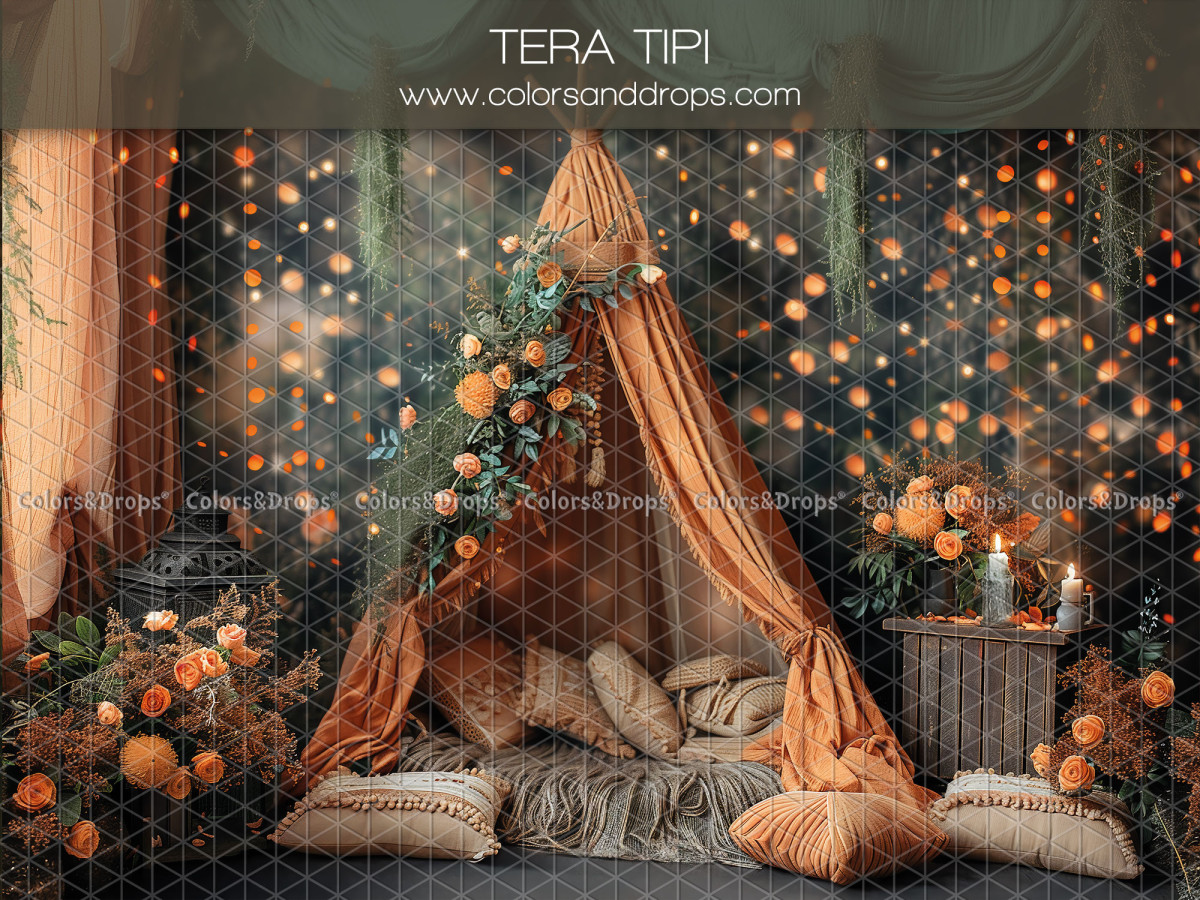 Fondo fotográfico de bebé y smash cake Tera Tipi – tipi terracota con flores naranjas y guirnalda de luces | Colors&Drops