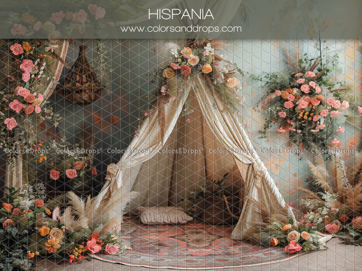Fondo fotográfico de bebé y smash cake Hipania – tipi blanco florido con rosas y alfombra | Colors&Drops