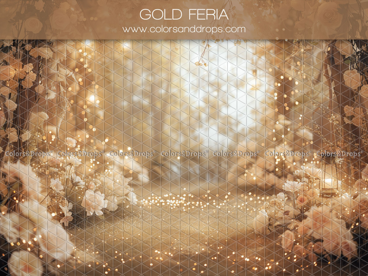 Mother's & Father's Day photo backdrop Gold Feria – golden forest path with white roses and lights | Colors&Drops