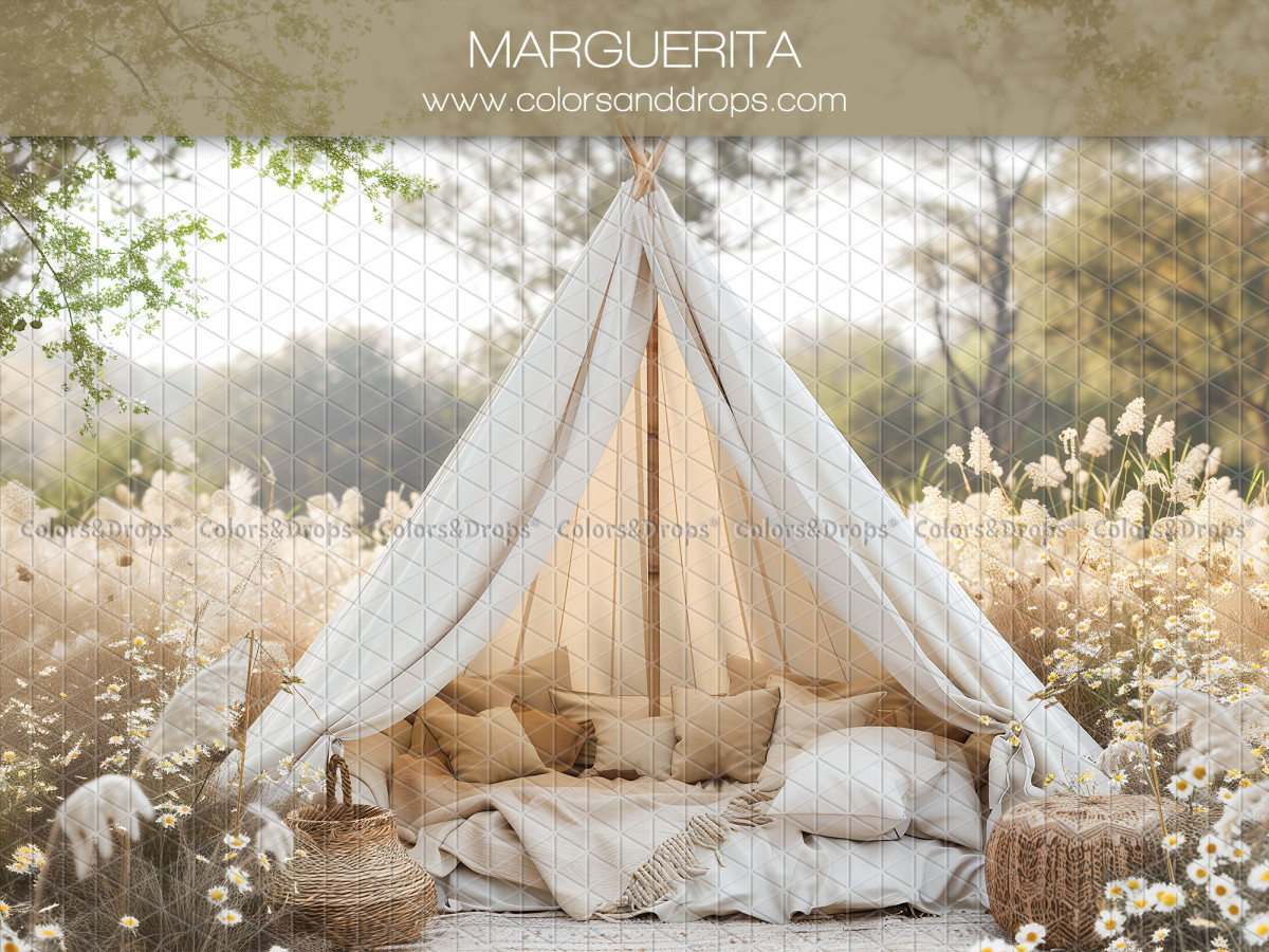 Mother's & Father's Day photo backdrop Marguerita – white teepee in a daisy field | Colors&Drops