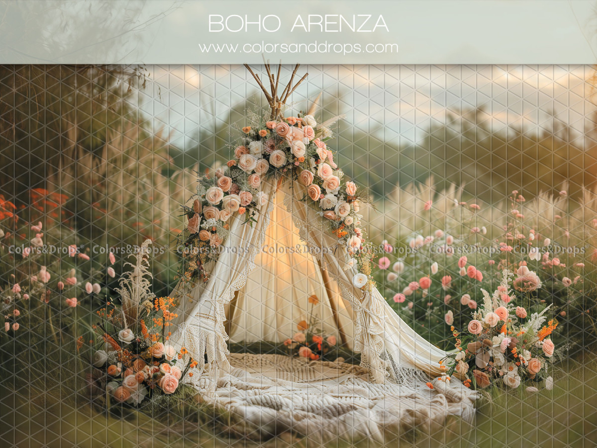 Mother's & Father's Day photo backdrop Boho Arenza – teepee flowered with peach roses in a field | Colors&Drops