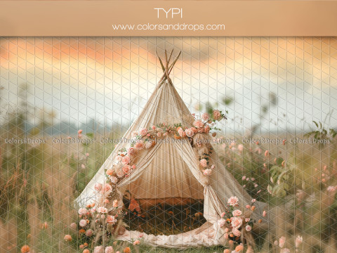 Mother's & Father's Day photo backdrop Typi – sheer teepee with rose garland at sunset | Colors&Drops