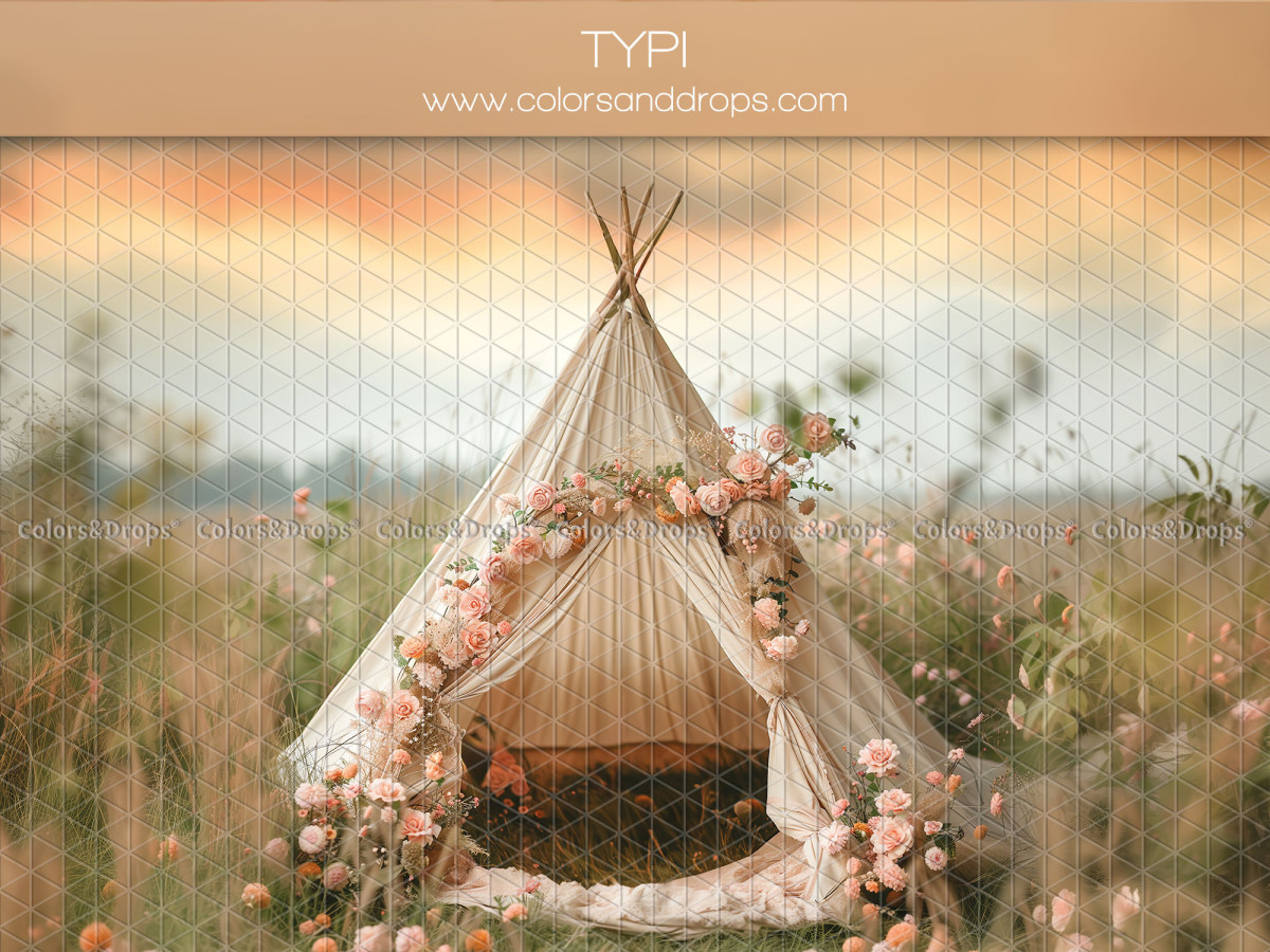 Mother's & Father's Day photo backdrop Typi – sheer teepee with rose garland at sunset | Colors&Drops