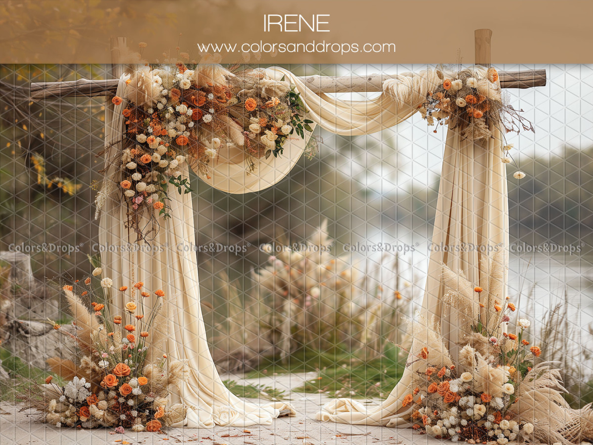 Fondo fotográfico para el Día de la Madre y del Padre Irene – arco de madera con drapeados y flores naranjas | Colors&Drops