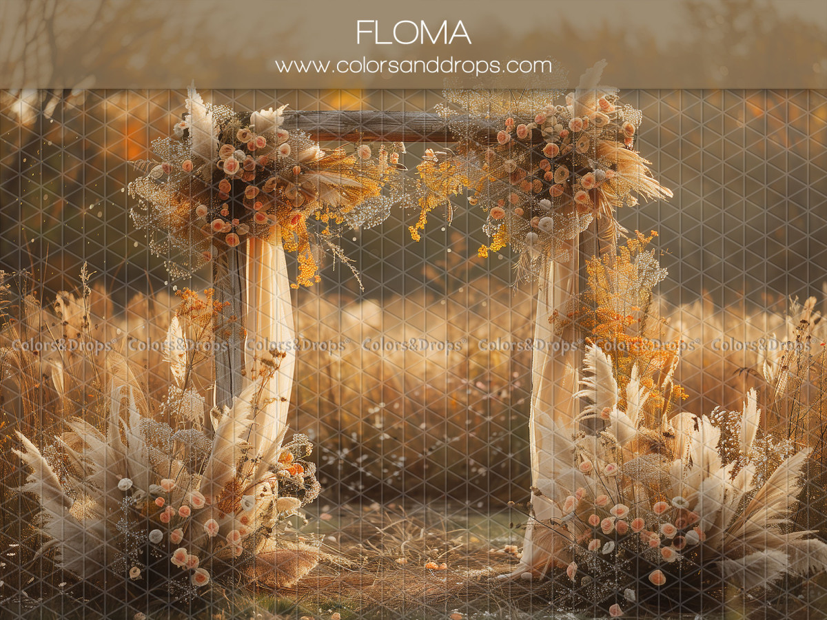Mother's & Father's Day photo backdrop Floma – pampas grass and dried flower arch in a golden field | Colors&Drops