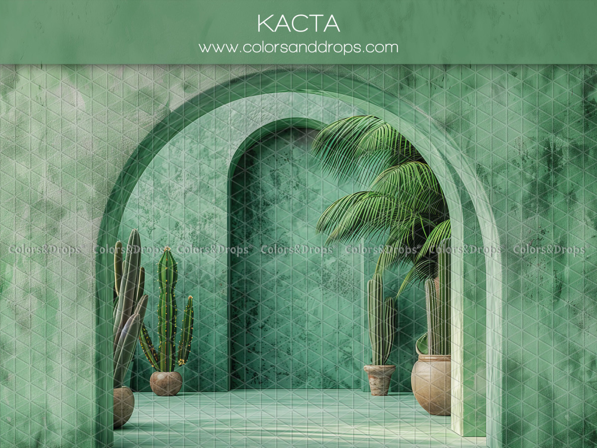Fondo fotográfico de embarazo y retrato Kacta – arcos verdes con cactus y palmeras en macetas | Colors&Drops