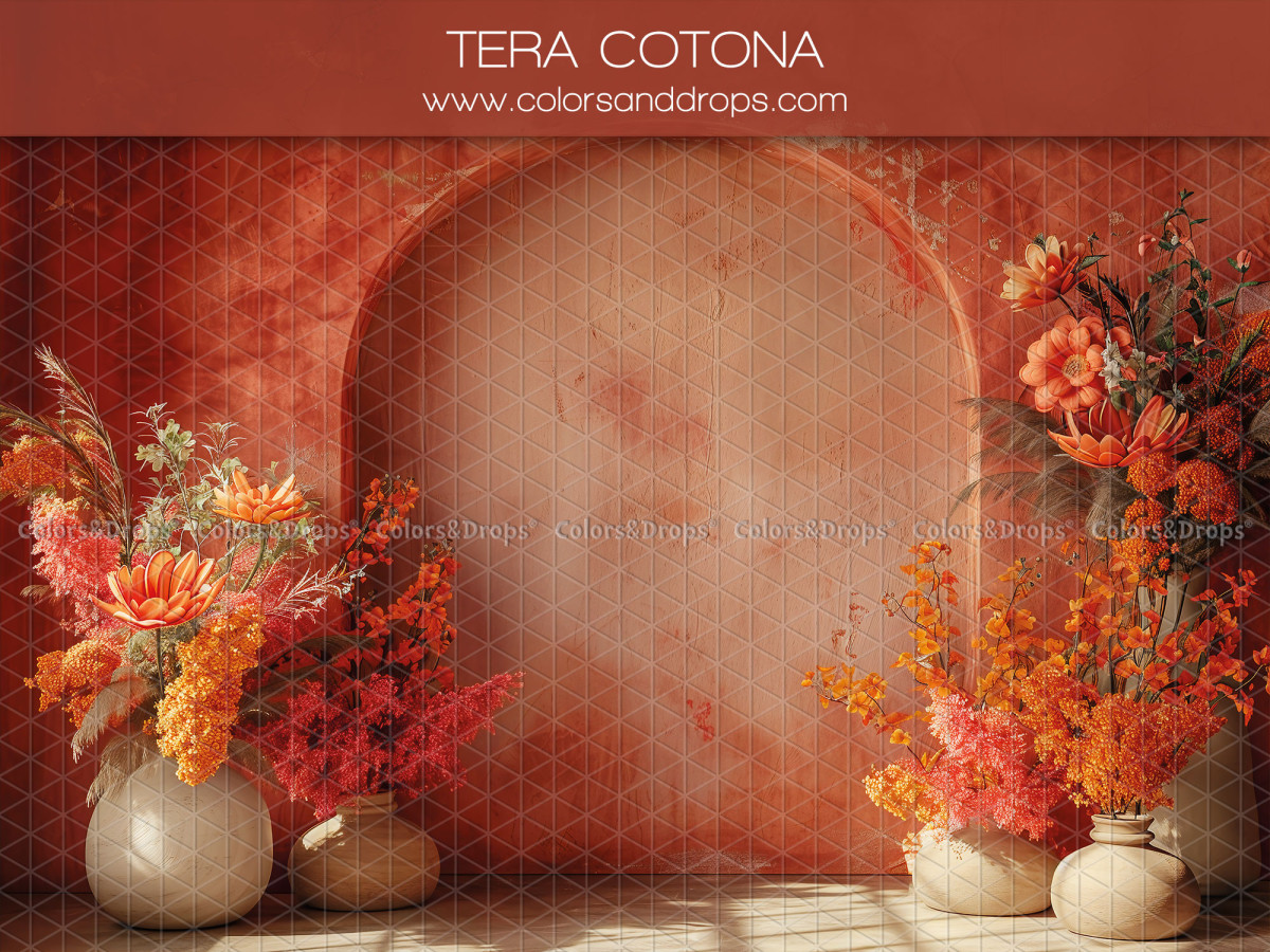 Maternity & portrait photo backdrop Tera Cotona – red terracotta wall arch with orange bouquets | Colors&Drops