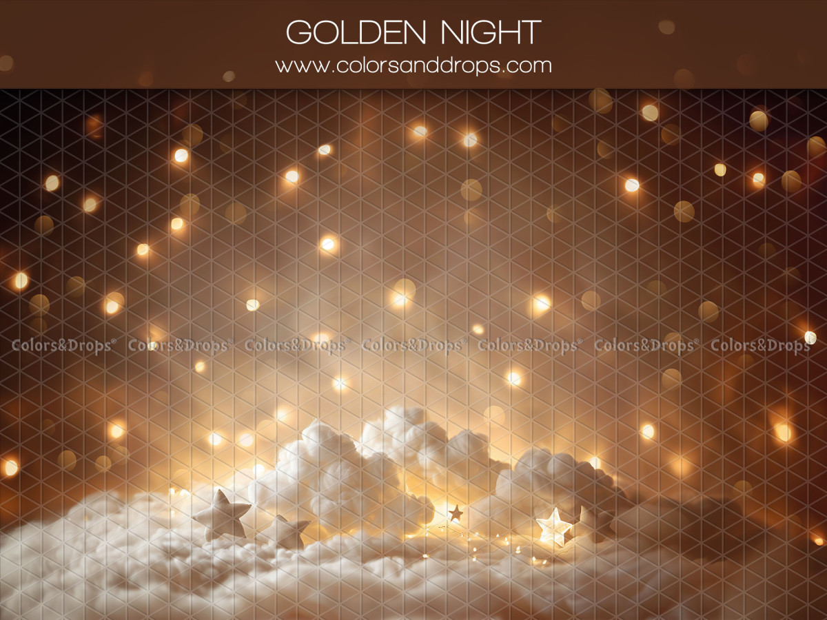 Baby & cake smash photo backdrop Gold Night – cotton clouds and stars on golden bokeh | Colors&Drops