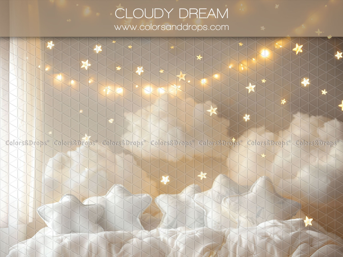 Fond photo bébé et smash cake Cloudy Dream – nuages en coton avec guirlande d'étoiles et rideaux | Colors&Drops