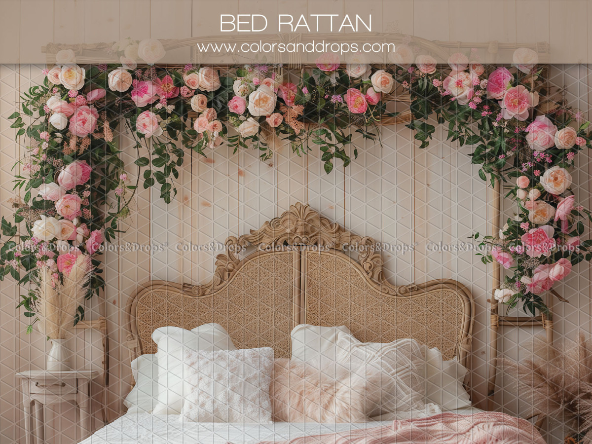 Fond photo bohème Bed Rattan – lit en rotin sous une guirlande de roses roses | Colors&Drops