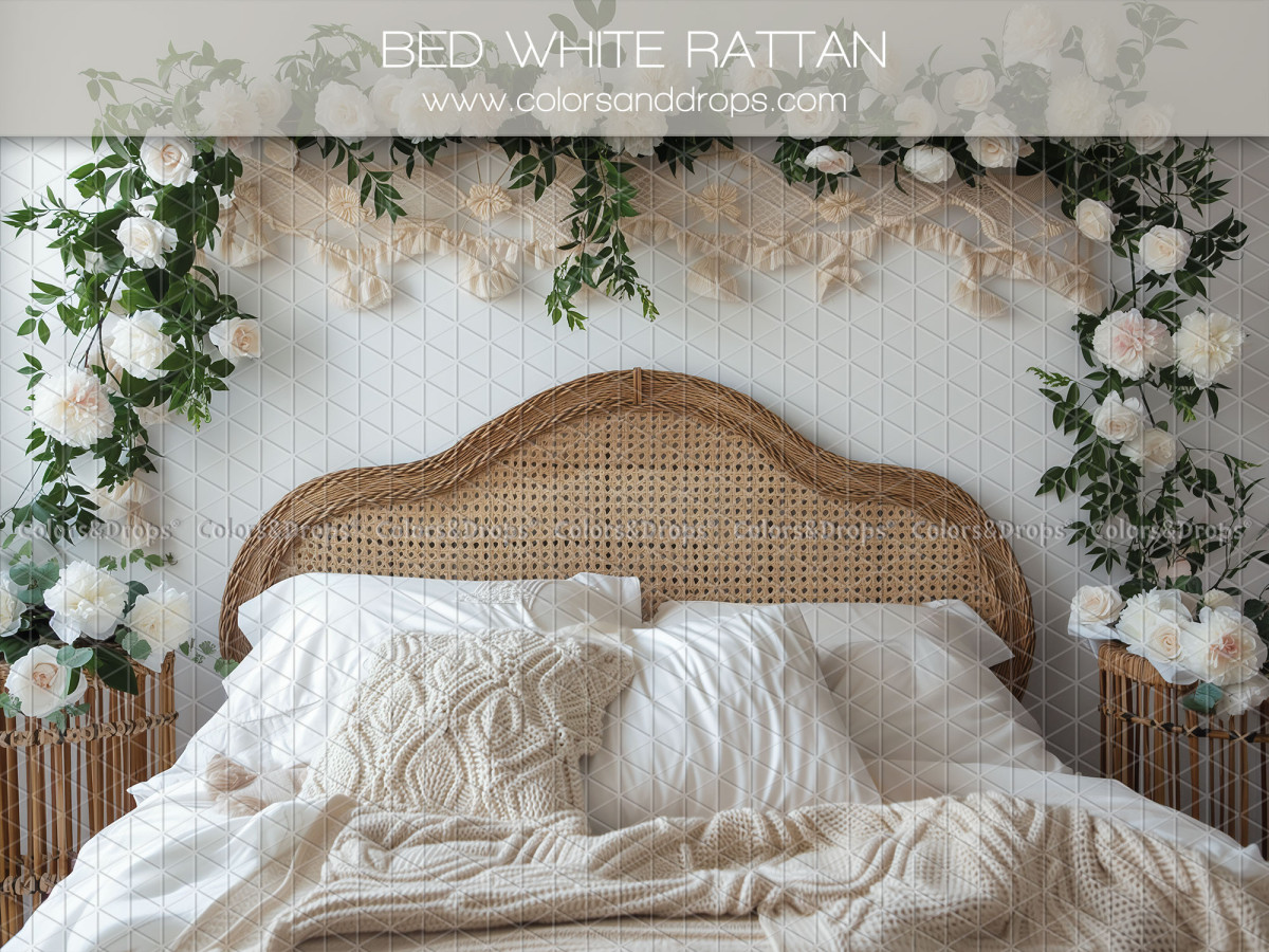 Fond photo bohème Bed White Rattan – chambre bohème avec lit en rotin et roses blanches | Colors&Drops