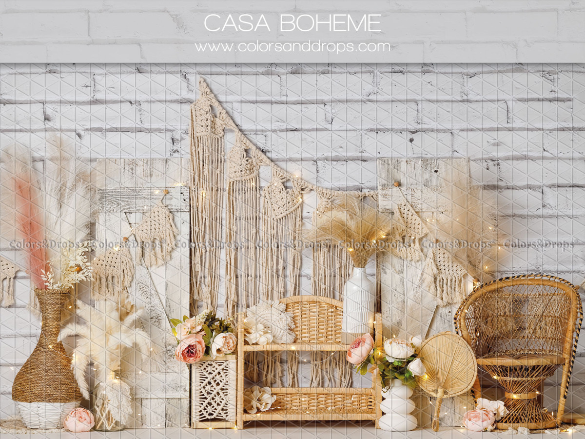 Fond photo bébé et smash cake Casa Boheme – décor bohème avec fauteuil en rotin et pampa | Colors&Drops