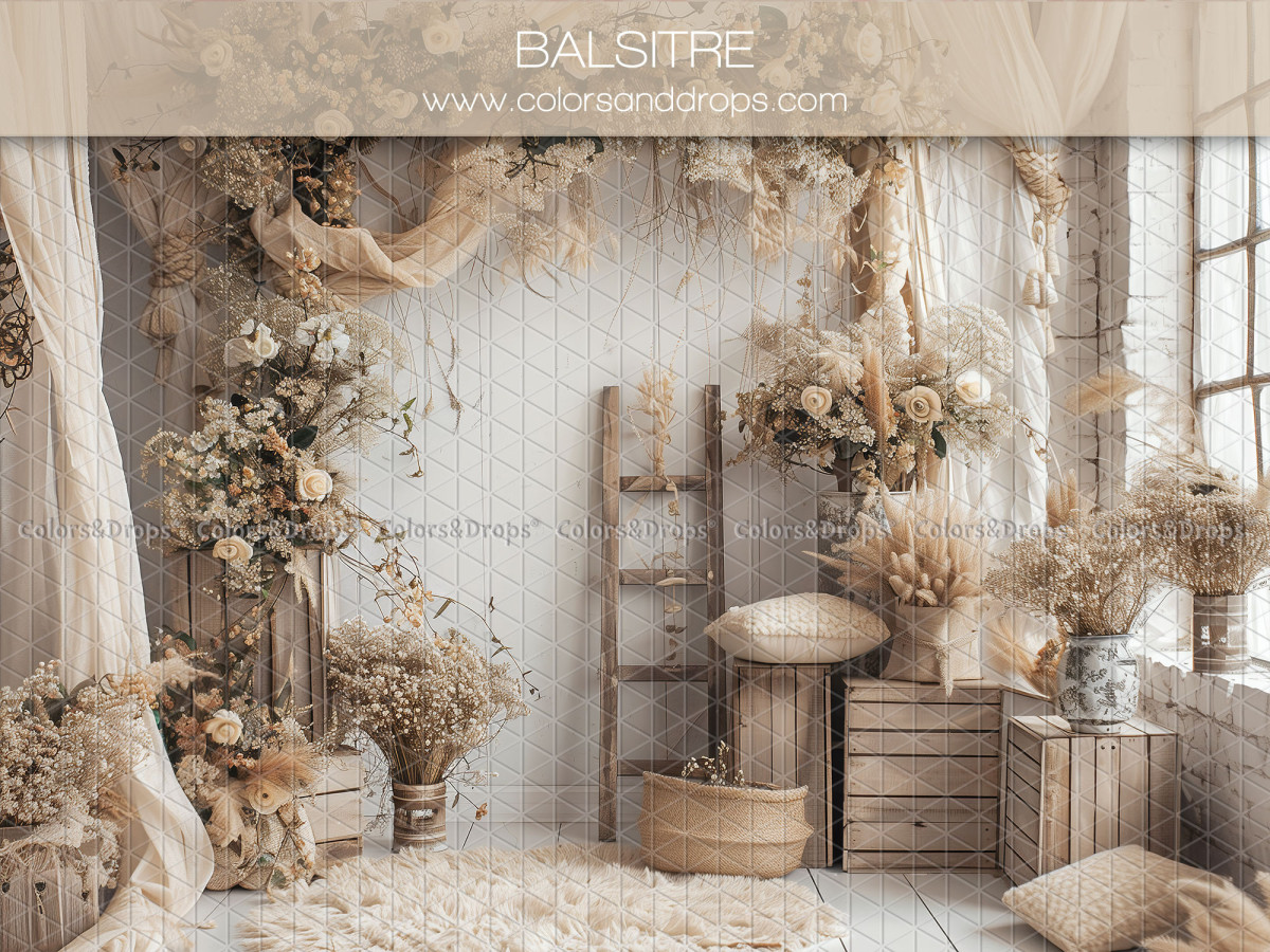 Fondo fotográfico para el Día de la Madre y del Padre Balistre – interior bohemio con escalera de madera y | Colors&Drops