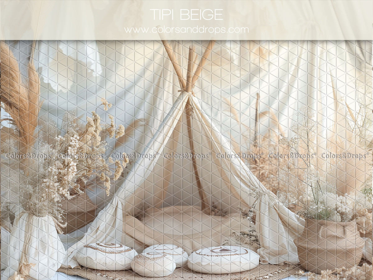 Mother's & Father's Day photo backdrop Tipi Beige – beige fabric teepee with cushions and pampas grass | Colors&Drops