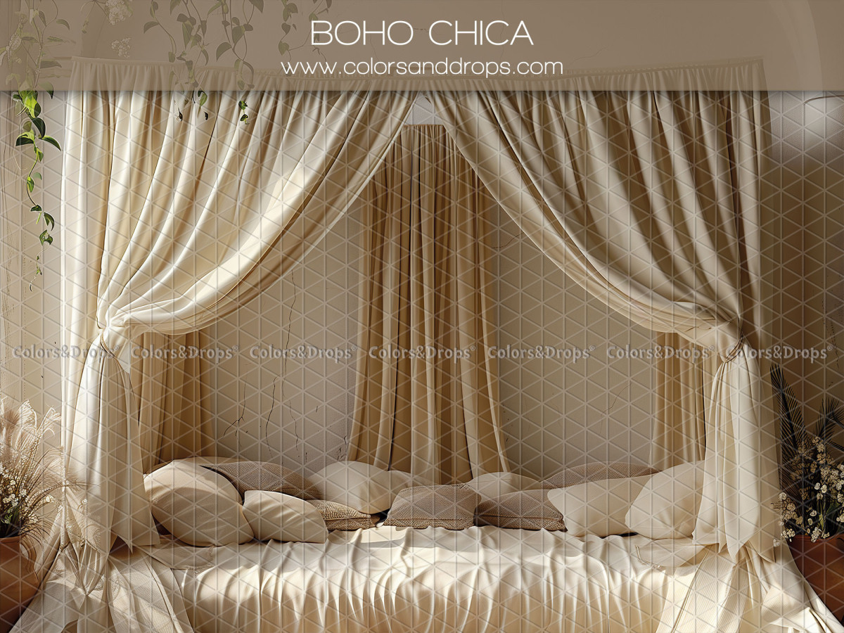 Mother's & Father's Day photo backdrop Boho Chica – canopy bed with cream curtains and cushions | Colors&Drops