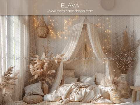 Mother's & Father's Day photo backdrop Elava – boho canopy bed with fairy lights and pampas grass | Colors&Drops