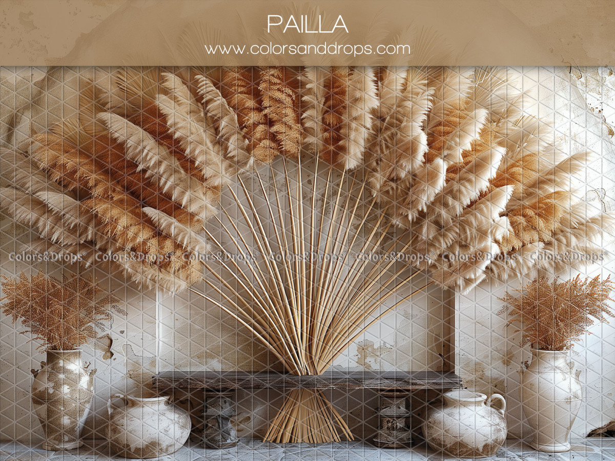 Fond photo grossesse et portrait Pailla – éventail de pampa avec vases et banc en bois | Colors&Drops