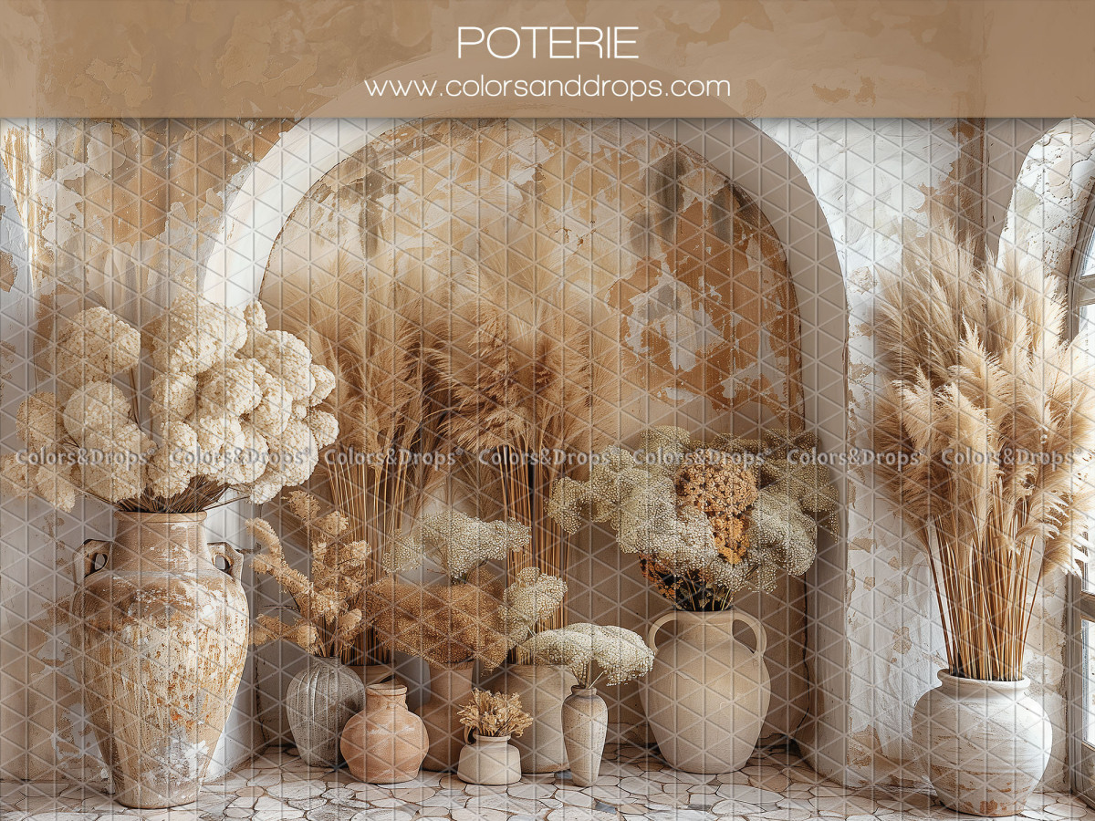 Maternity & portrait photo backdrop Poterie – vaulted niche with pottery and dried flowers | Colors&Drops