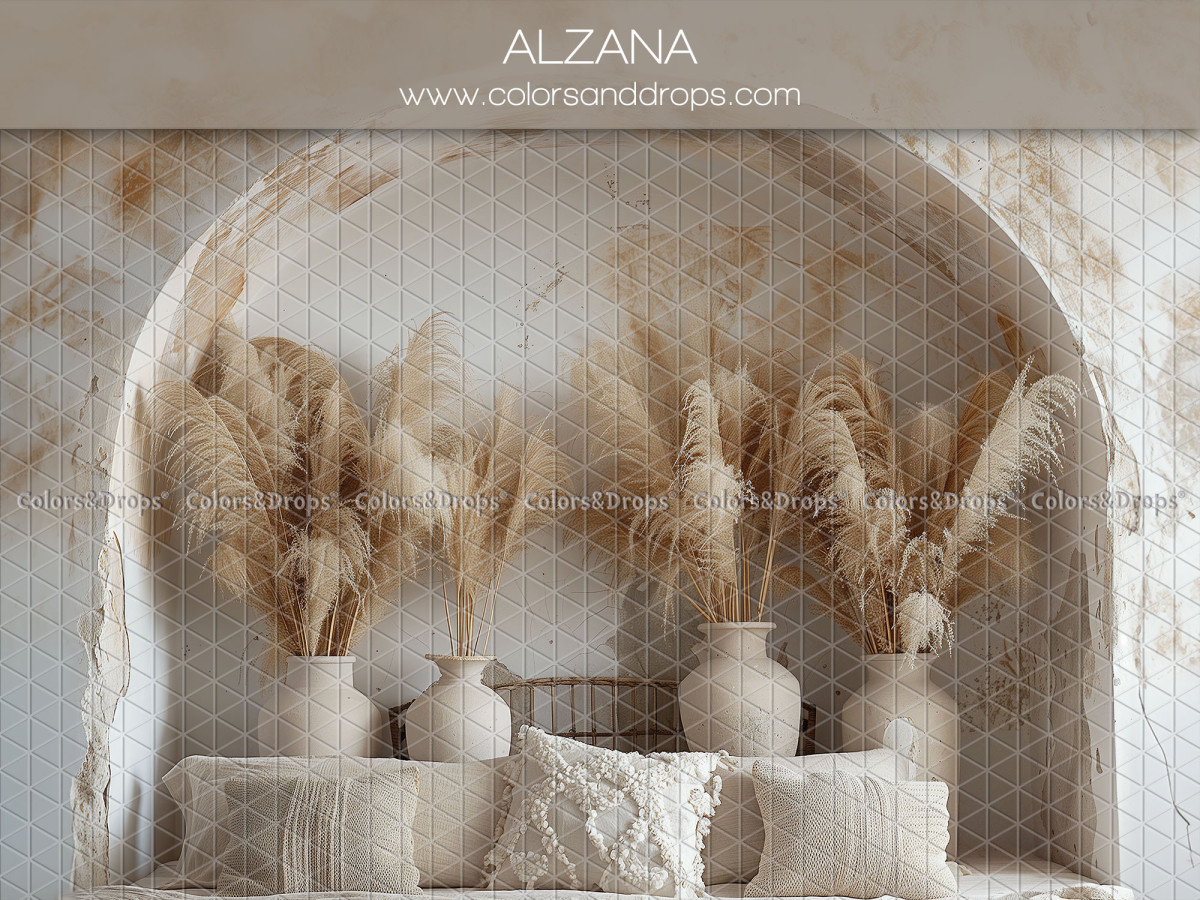 Fond photo grossesse et portrait Alzana – alcôve blanche avec vases de pampa et coussins | Colors&Drops