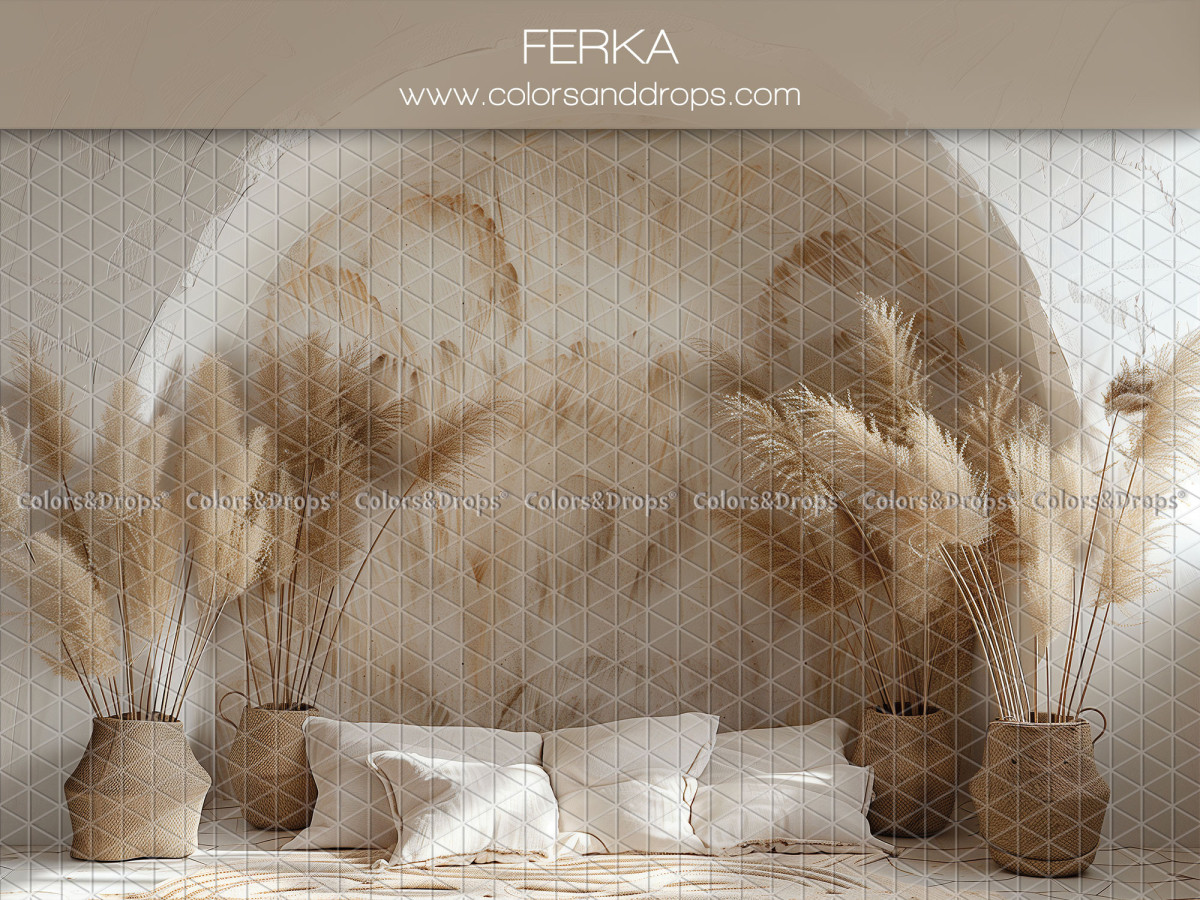 Fondo fotográfico de embarazo y retrato Ferka – arco de pared beige con cestas de pampas y cojines | Colors&Drops