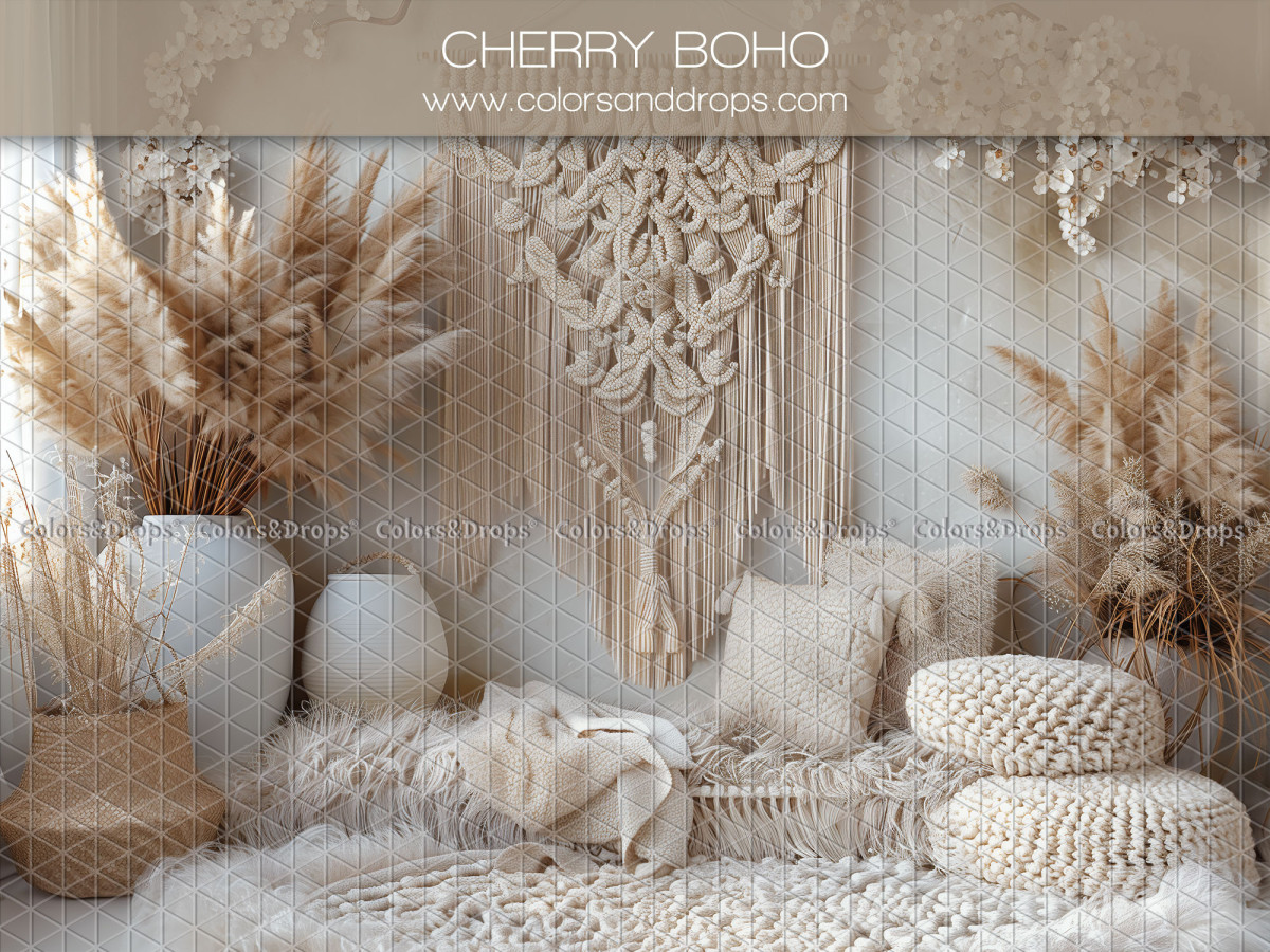 Fond photo fête des mères et des pères Cherry Boho – coin bohème avec macramé, poufs et pampa | Colors&Drops