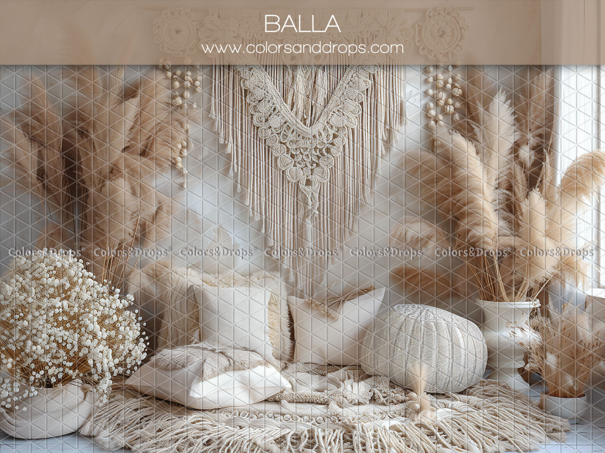 Fondo fotográfico para el Día de la Madre y del Padre Balla – salón bohemio con macramé, cojines y puf tejido | Colors&Drops