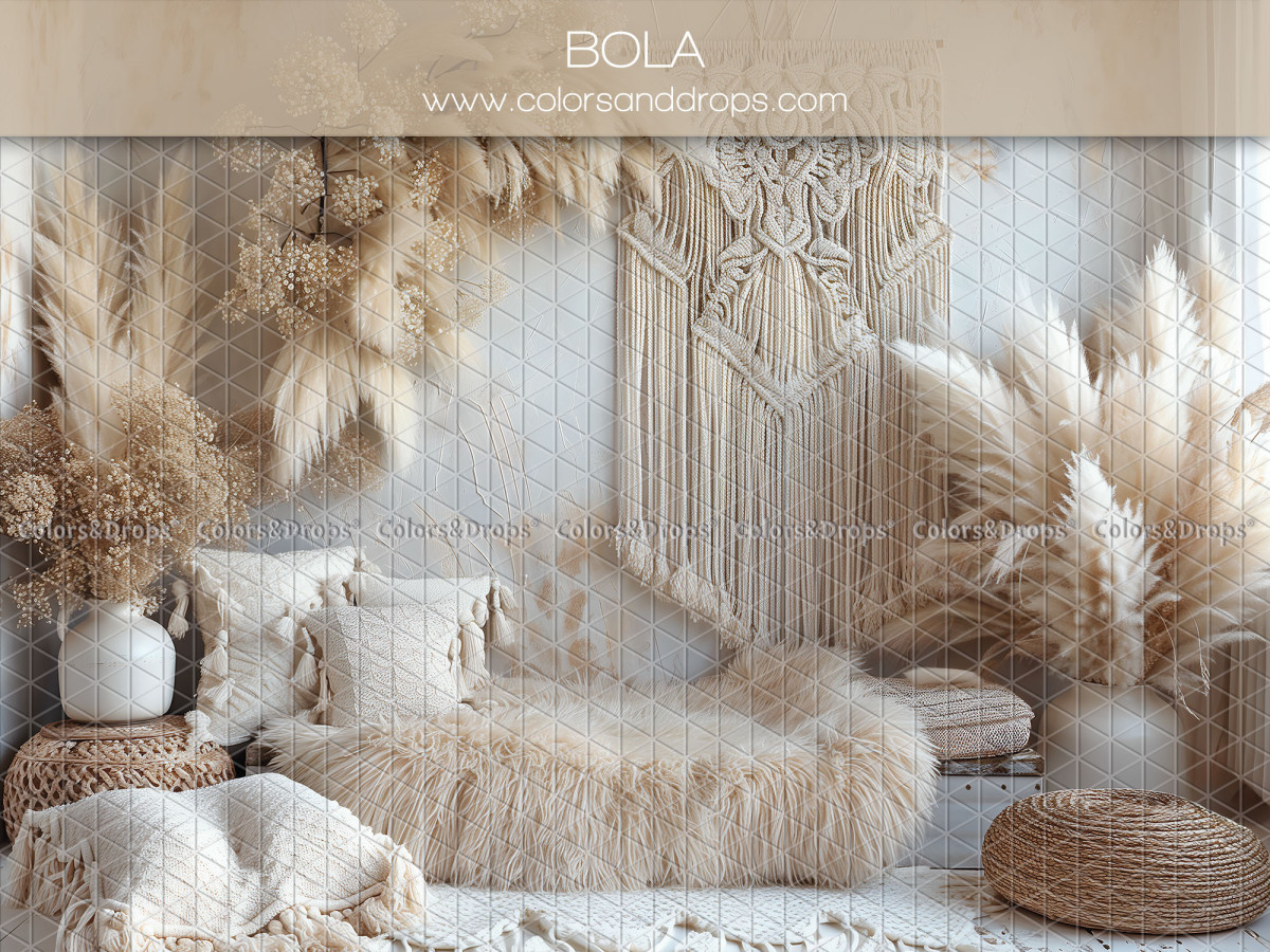 Fond photo fête des mères et des pères Bola – banquette bohème avec fourrure, macramé et pampa | Colors&Drops