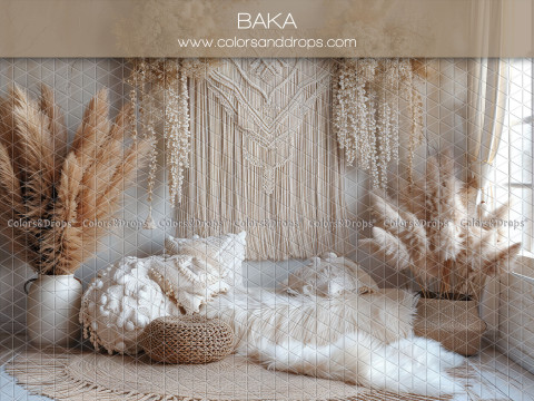 Mother's & Father's Day photo backdrop Baka – boho corner with macramé hangings and fur throw | Colors&Drops