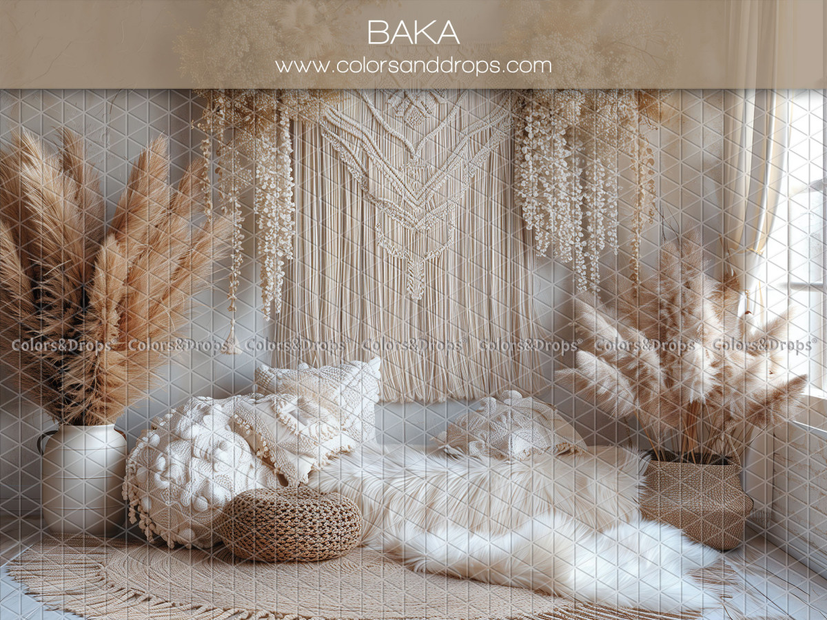 Mother's & Father's Day photo backdrop Baka – boho corner with macramé hangings and fur throw | Colors&Drops