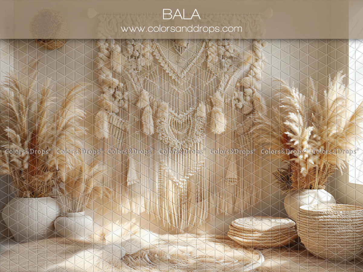 Fondo fotográfico para el Día de la Madre y del Padre Bala – tapiz de macramé con jarrones de pampas y cestas | Colors&Drops