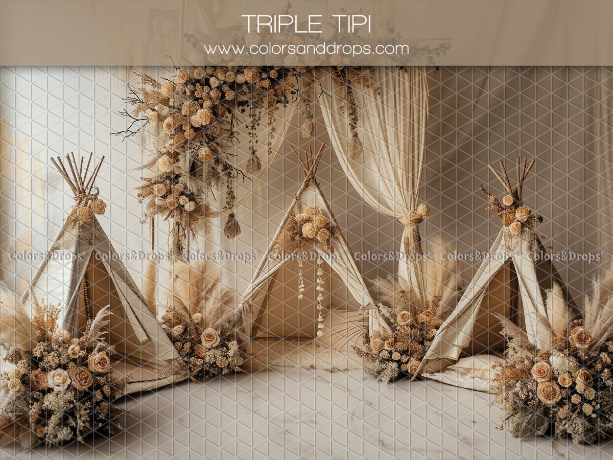 Mother's & Father's Day photo backdrop Triple Tipi – three boho teepees with flowers and curtains | Colors&Drops