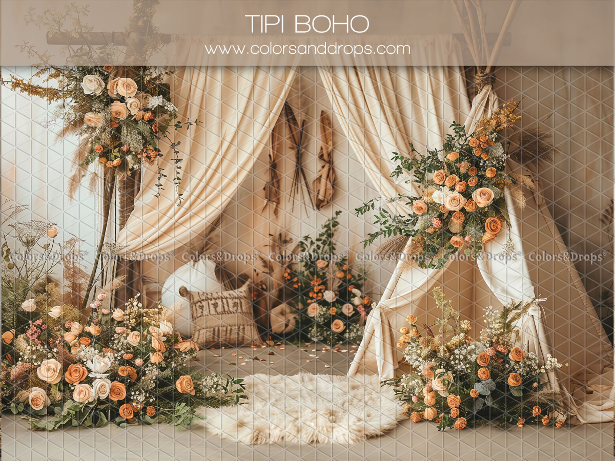 Mother's & Father's Day photo backdrop Tipi Boho – boho teepee with curtains and orange flowers | Colors&Drops