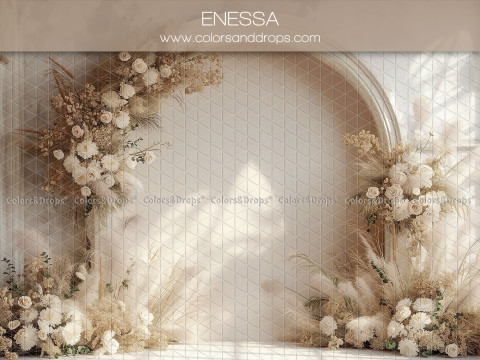 Fondo fotográfico de embarazo y retrato Enessa – arco blanco con flores blancas y pampas | Colors&Drops