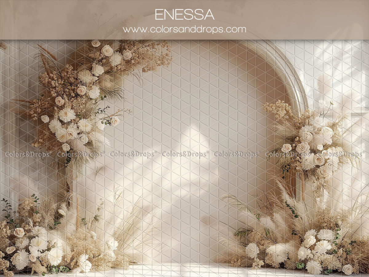 Fondo fotográfico de embarazo y retrato Enessa – arco blanco con flores blancas y pampas | Colors&Drops