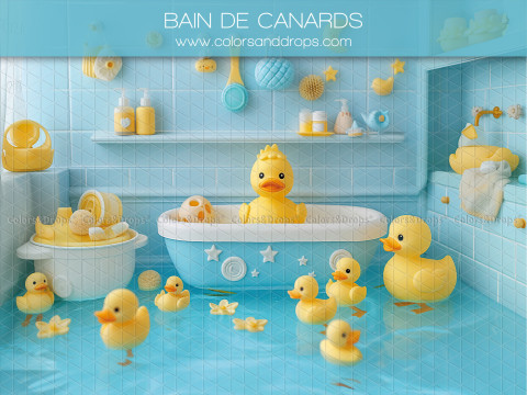 Fond photo bébé et smash cake Bain de Canards – salle de bain turquoise avec canards en caoutchouc | Colors&Drops