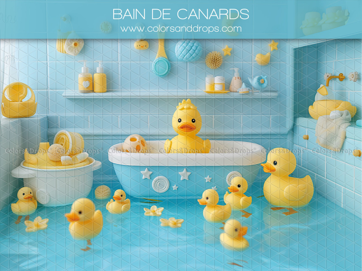 Baby & cake smash photo backdrop Bain de Canards – turquoise bathroom with rubber ducks | Colors&Drops