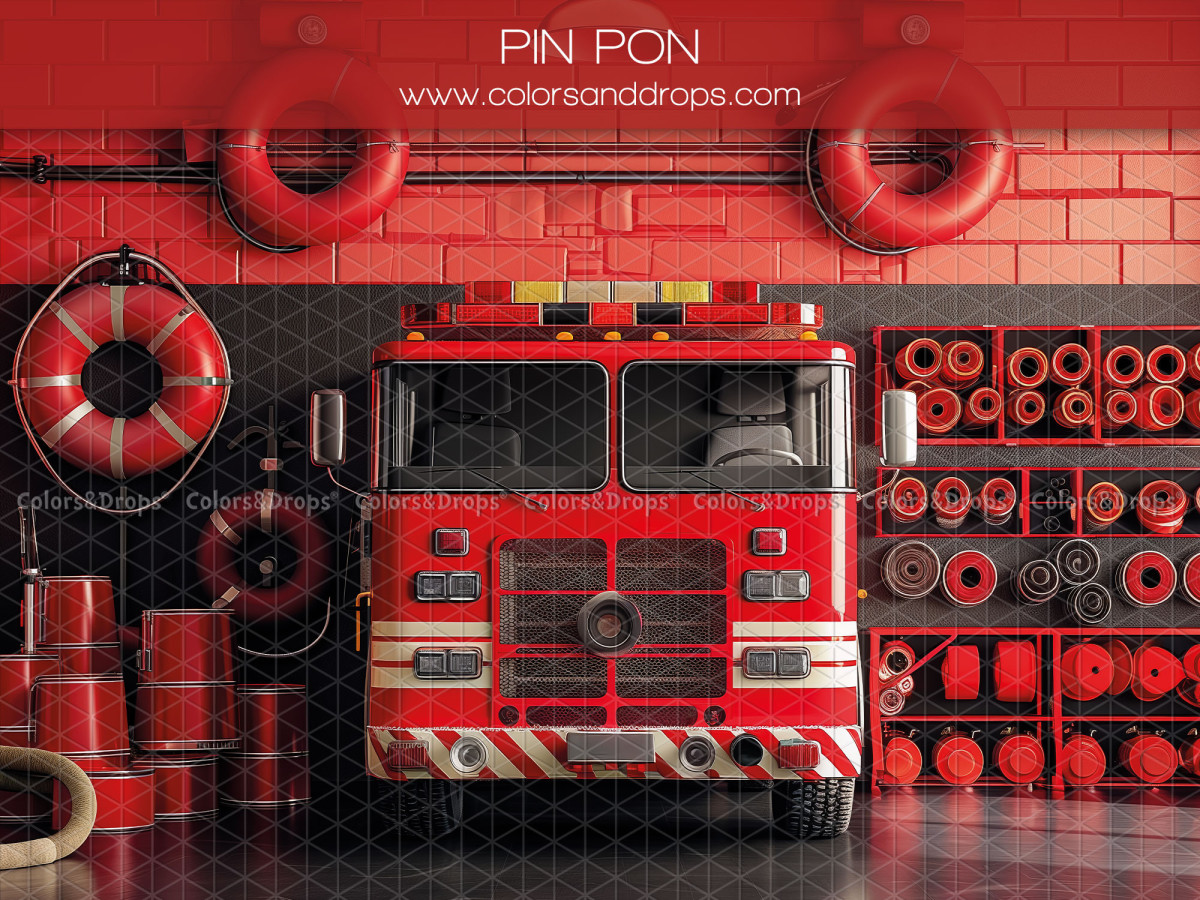 Fondo fotográfico de bebé y smash cake Pin Pon – camión de bomberos rojo en un parque de bomberos | Colors&Drops