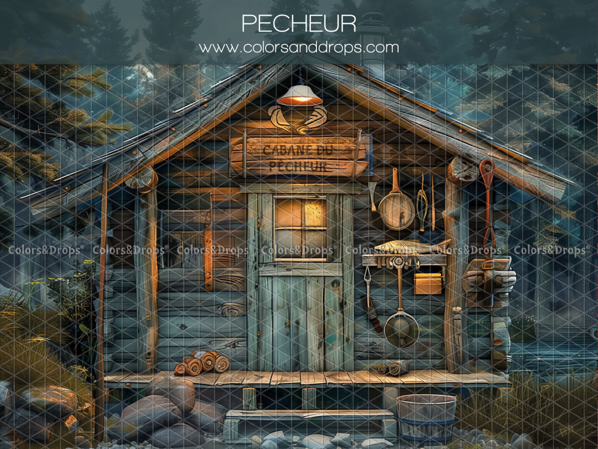 Fond photo bébé et smash cake Pecheur – cabane de pêcheur en bois au bord d'un lac | Colors&Drops
