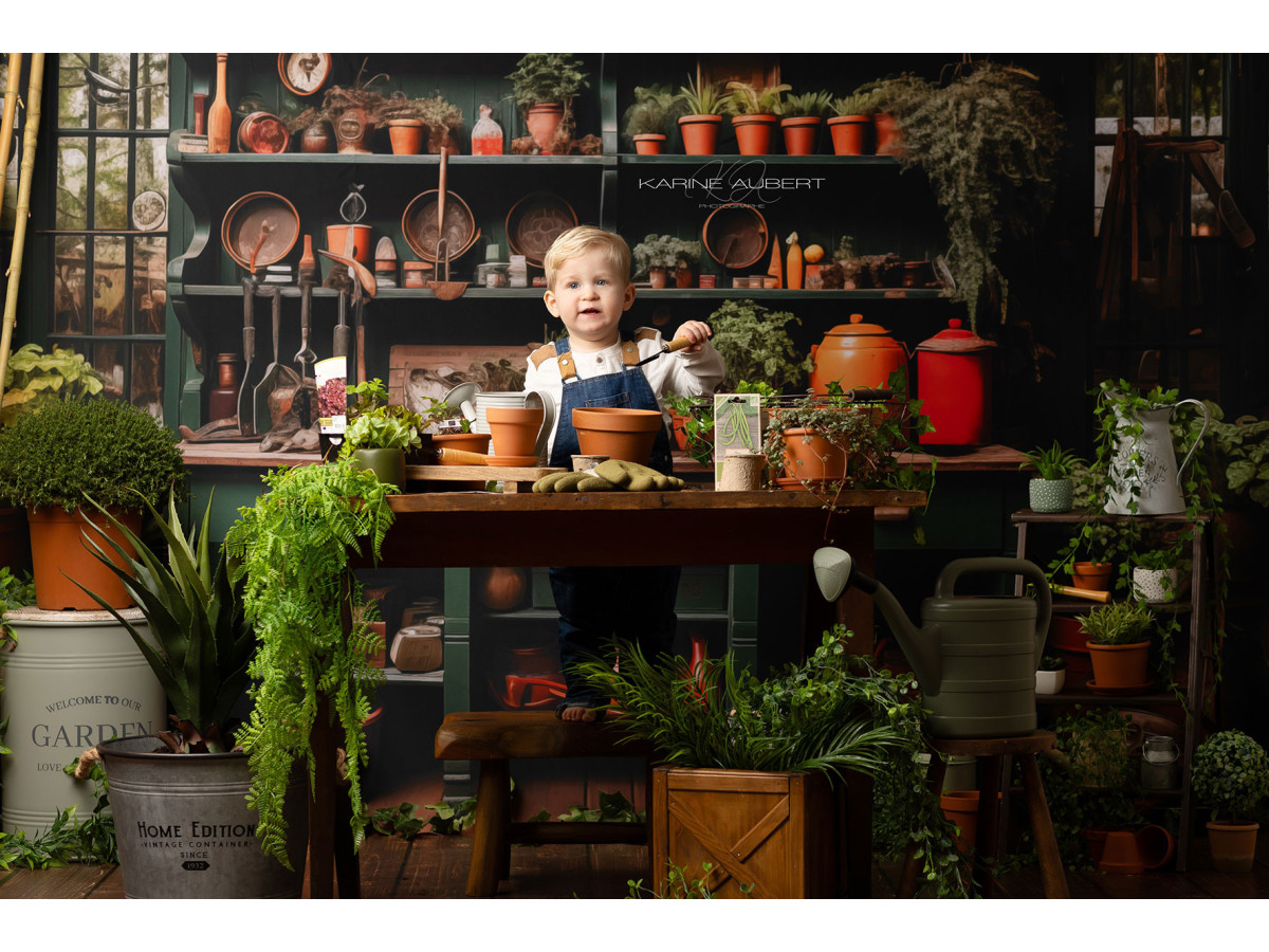 Spring photo backdrop L'Atelier Bota Green – gardener's workshop with green cabinet and clay pots | Colors&Drops