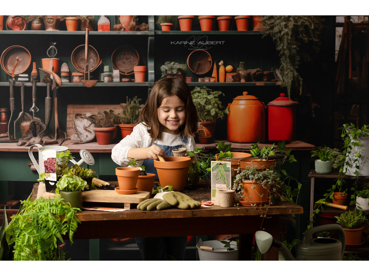 Spring photo backdrop L'Atelier Bota Green – gardener's workshop with green cabinet and clay pots | Colors&Drops