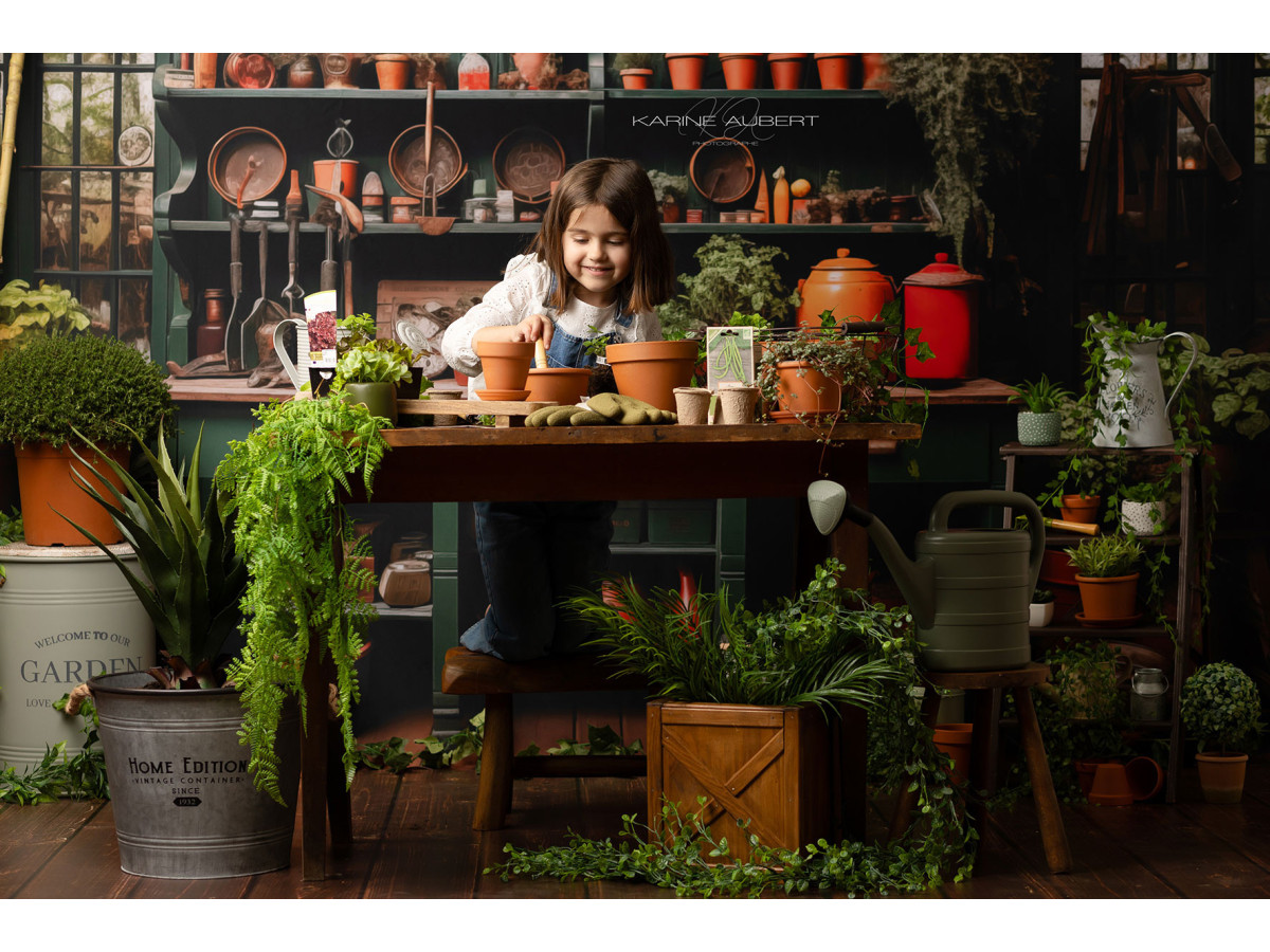 Spring photo backdrop L'Atelier Bota Green – gardener's workshop with green cabinet and clay pots | Colors&Drops
